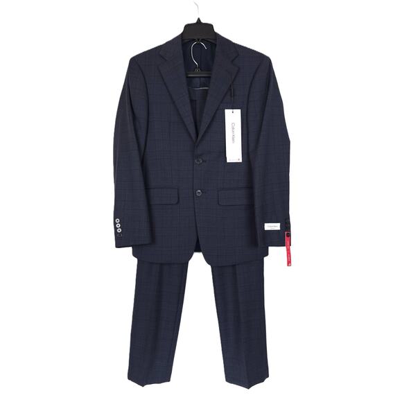Calvin Klein Men's Slim-Fit Stretch Wool 2-Piece Suit Navy Plaid 36S 28x29 NWT - Picture 1 of 13